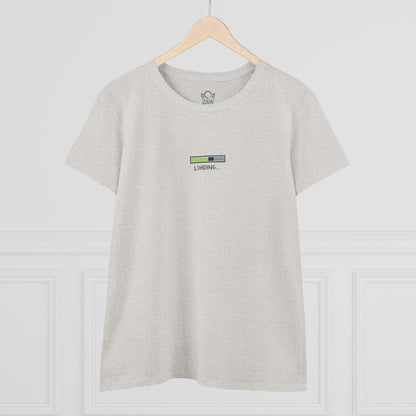 Front view of the light-colored 404 Y2K Graphic T-Shirt featuring a subtle 'Loading...' graphic. A versatile addition to both casual and trendy outfits.