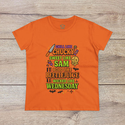 Spooktacular Horror Tee: Chill Like Chucky, Sweet Like Sam, Beetlejuice, Wednesday Addams, Halloween Shirt, Horror Fan Gift