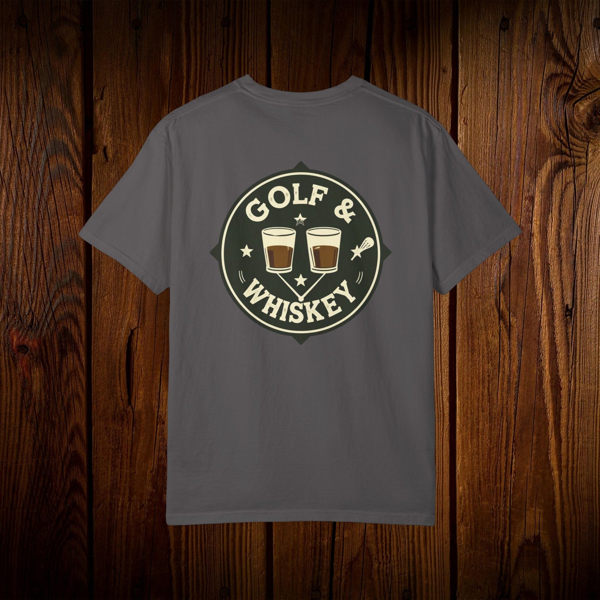 Back view of Men's Golf & Whiskey Tee showcasing a vibrant design with two drinks and the phrase 'GOLF & WHISKEY' on a dark gray shirt.