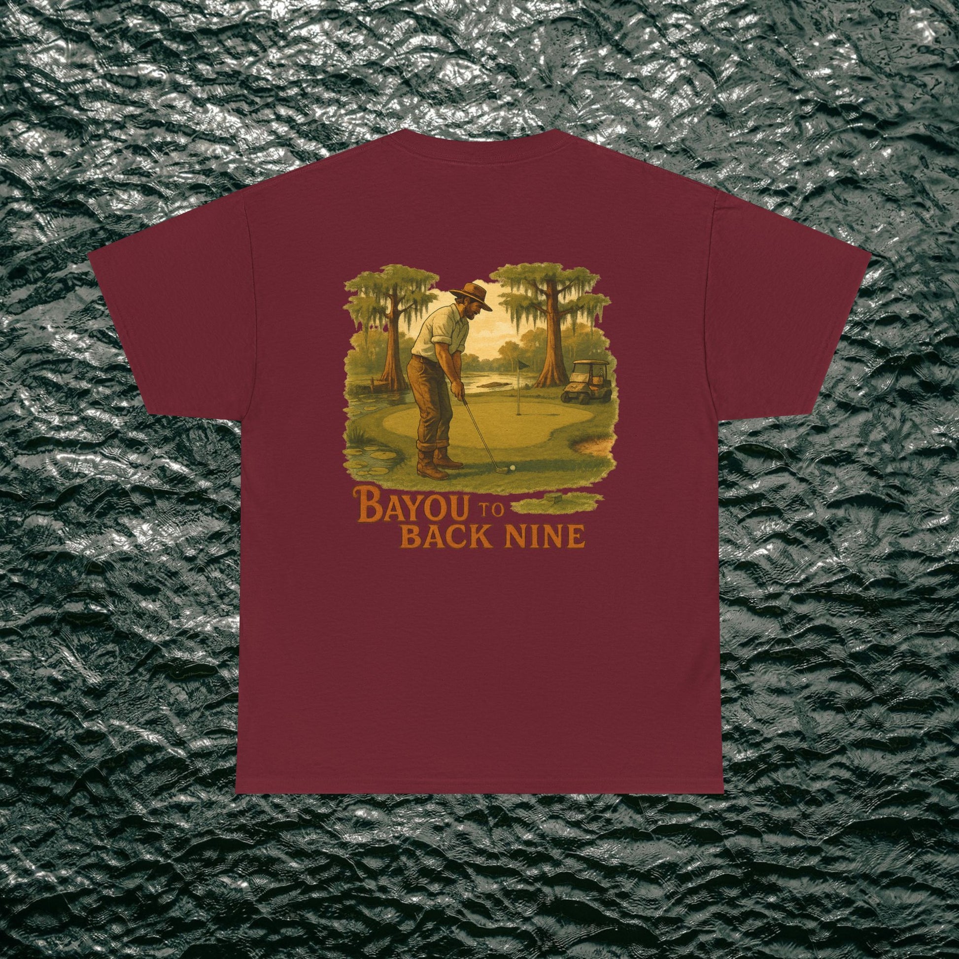 Bayou To Back Nine Softstyle Golf Tee with a rich maroon color, showcasing a golfer silhouette, ideal for golf enthusiasts and stylish casual wear.