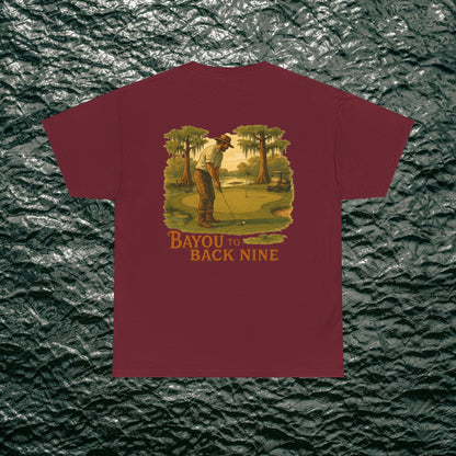 Bayou To Back Nine Softstyle Golf Tee with a rich maroon color, showcasing a golfer silhouette, ideal for golf enthusiasts and stylish casual wear.