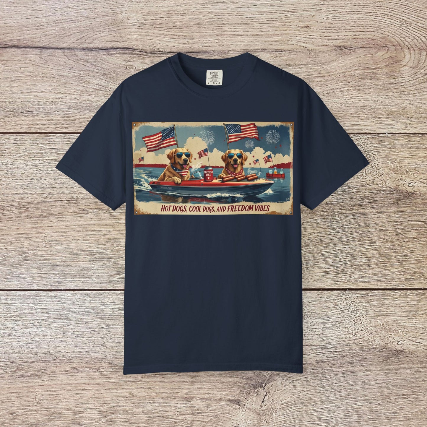 Men's Golden Tee: Comfortable Cotton T-Shirt with Ribbed Collar, showcasing a vibrant graphic of cool dogs with American flags and hot dogs, ideal for summer outings.