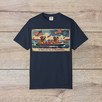 Men's Golden Tee: Comfortable Cotton T-Shirt with Ribbed Collar, showcasing a vibrant graphic of cool dogs with American flags and hot dogs, ideal for summer outings.