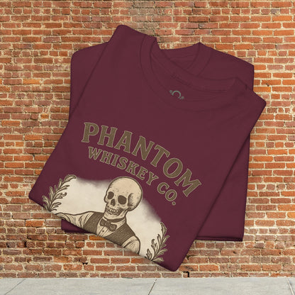 Vintage Skull Whiskey Lover Unisex Tee - Retro Casual Party Shirt in maroon color, featuring a skeleton design, ideal for Halloween gifting.
