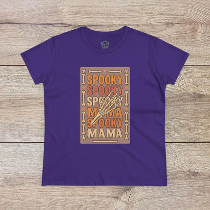 Spooky Mama Tee in purple showcasing a playful skeleton hand design, crafted from durable soft cotton for all occasions.