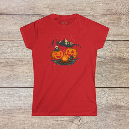 Fall Pumpkin Campfire T-Shirt in bright red, with a design of pumpkins by a campfire, excellent for Halloween, vintage unisex tee, available in sizes S-4XL.