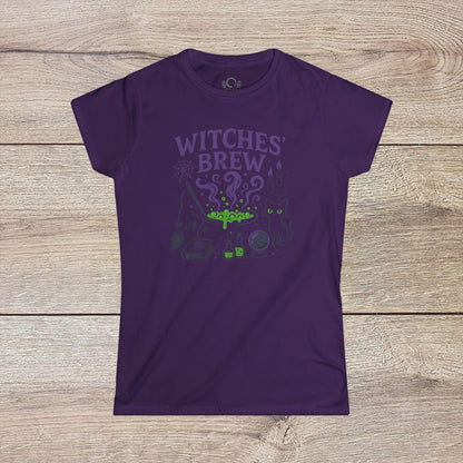 Witches' Brew Halloween T-Shirt in a rich purple color, displaying a whimsical print of witchcraft symbols and a cat, crafted from eco-friendly cotton for comfort.