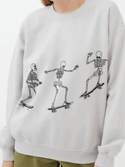 Front view of the Oversized Skeleton Graphic Sweatshirt for Women features an artistic skeleton graphic, perfect for a trendy and casual look.