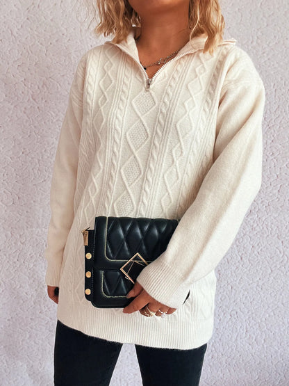 Elegant Cozy Cable-Knit Texture Zip Collar Long Sleeve Sweater in white, showcasing a classic cable-knit pattern and a fashionable zip collar for a chic winter outfit.
