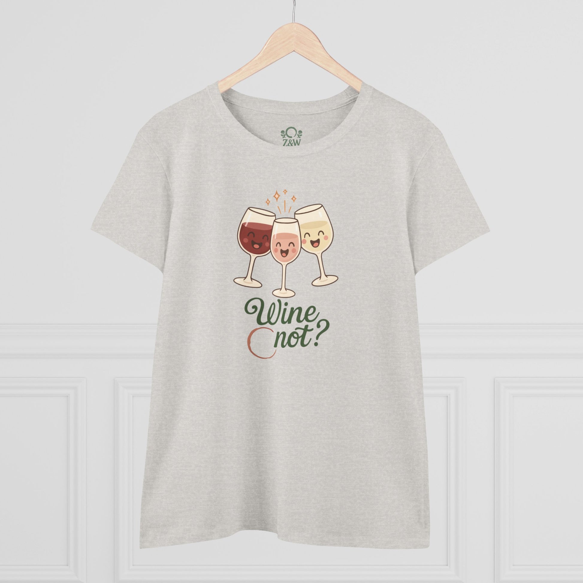 Wine Not Tee in a light gray color, featuring charming cartoon wine glasses on the front.
