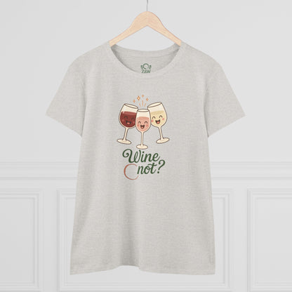 Wine Not Tee in a light gray color, featuring charming cartoon wine glasses on the front.
