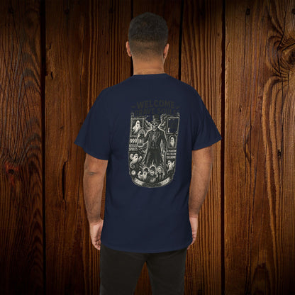 Spooky Halloween Graphic Tee - Unisex Cotton Shirt showcasing a striking design on the back that reads 'Welcome Brave Souls', ideal for Halloween events.