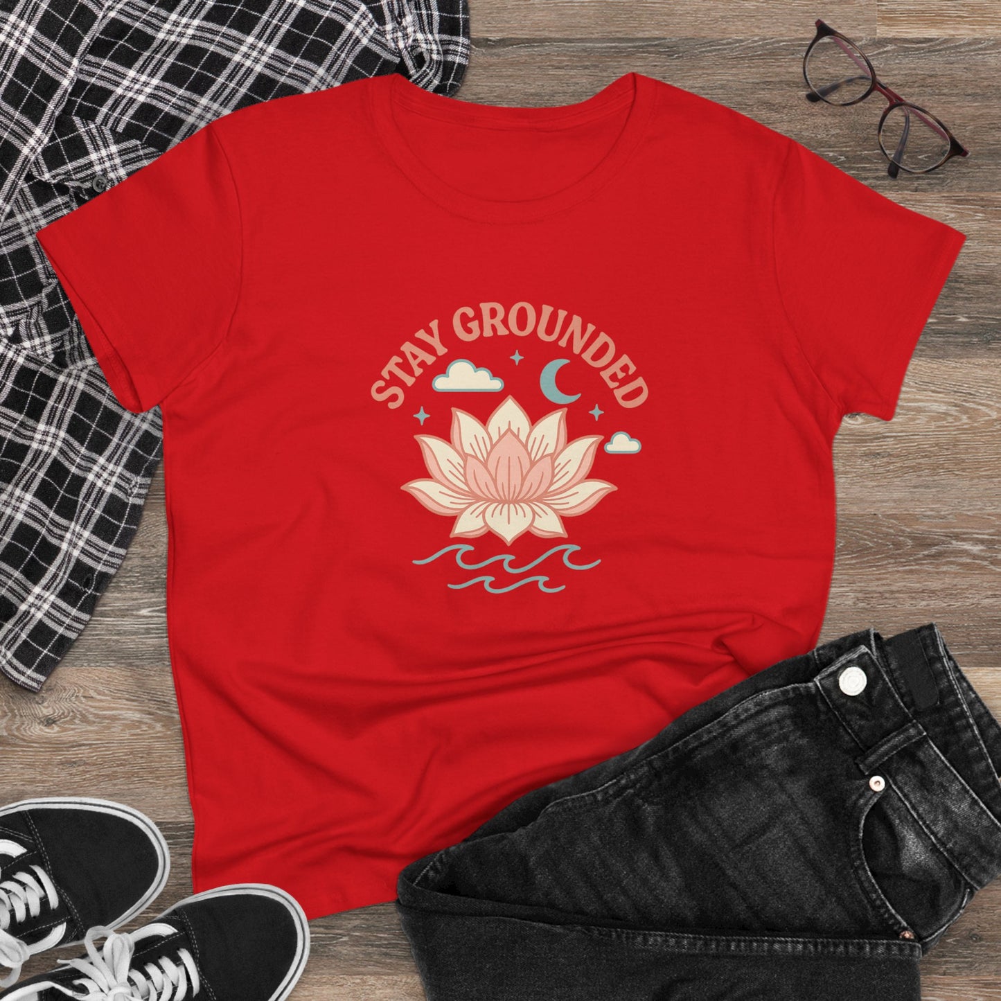 Stay Grounded Spiritual Tee - Comfortable Crop Top styled with black jeans and a plaid shirt in red, perfect for summer outings and relaxed vibes.