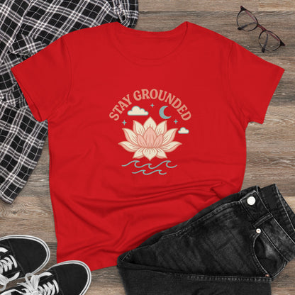 Stay Grounded Spiritual Tee - Comfortable Crop Top styled with black jeans and a plaid shirt in red, perfect for summer outings and relaxed vibes.