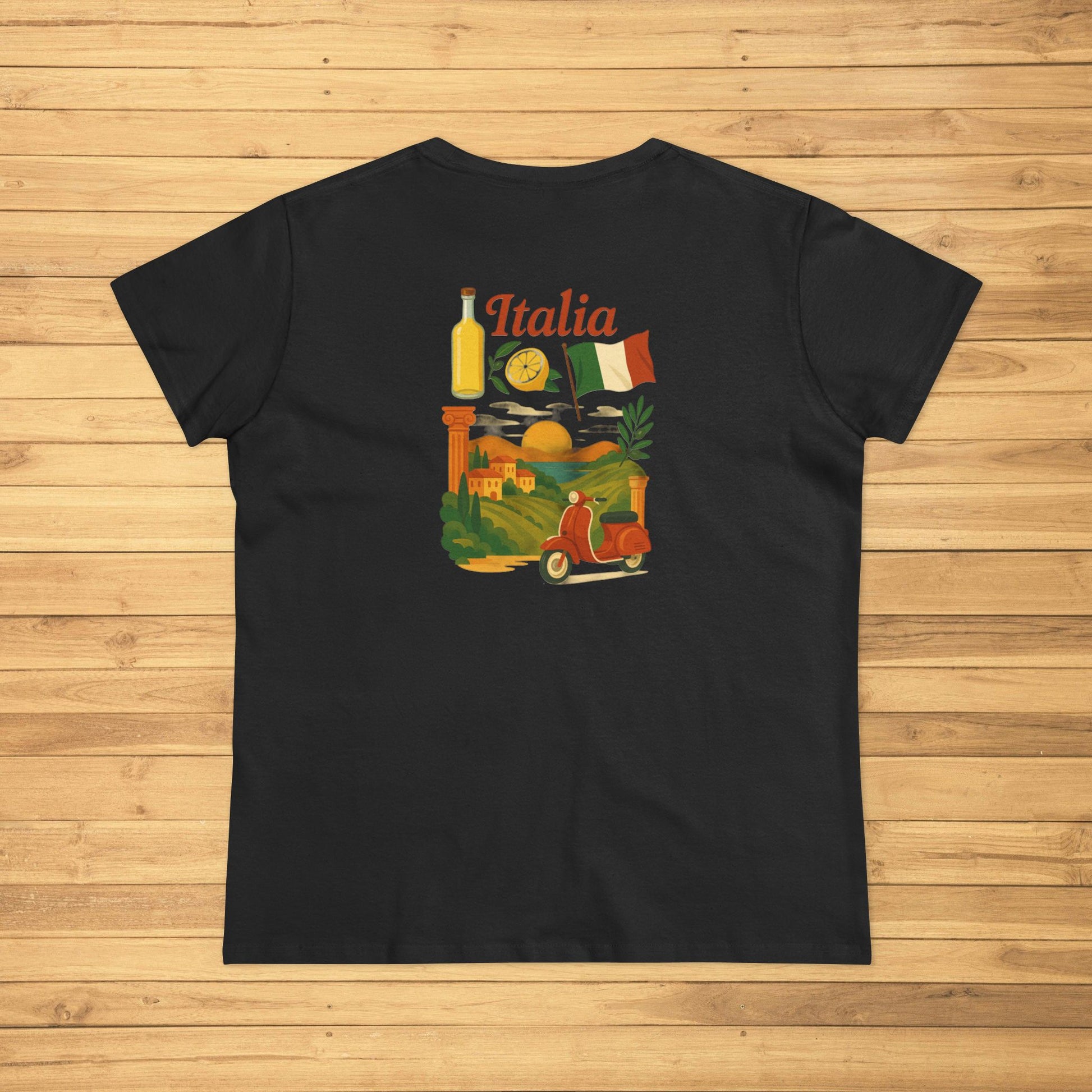 Unisex Ultra Cotton Tee with Italian Heritage Design, showcasing a vibrant retro graphic of Italy with a Vespa, perfect for casual wear and showcasing Italian culture.