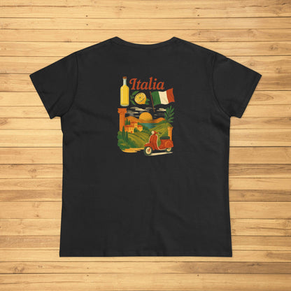 Unisex Ultra Cotton Tee with Italian Heritage Design, showcasing a vibrant retro graphic of Italy with a Vespa, perfect for casual wear and showcasing Italian culture.