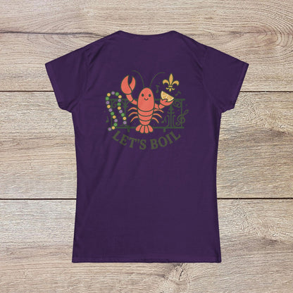 Crawfish Boil Shirt for Women - Colorful purple tee showcasing a cheerful lobster design with 'Let's Boil' text, perfect for outdoor summer festivals.