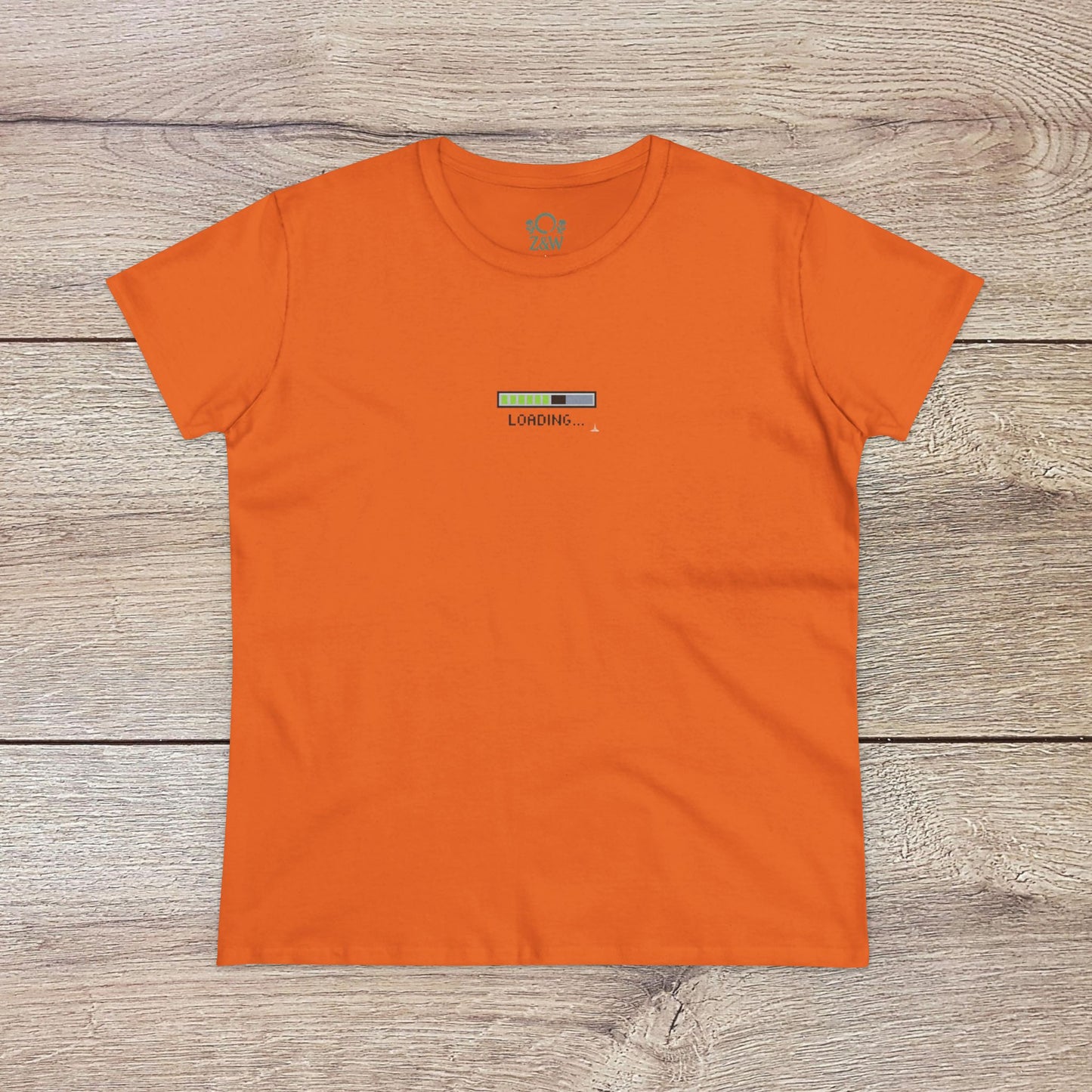 404 Y2K Graphic T-Shirt in vibrant orange featuring a loading bar design, perfect for a trendy wardrobe.