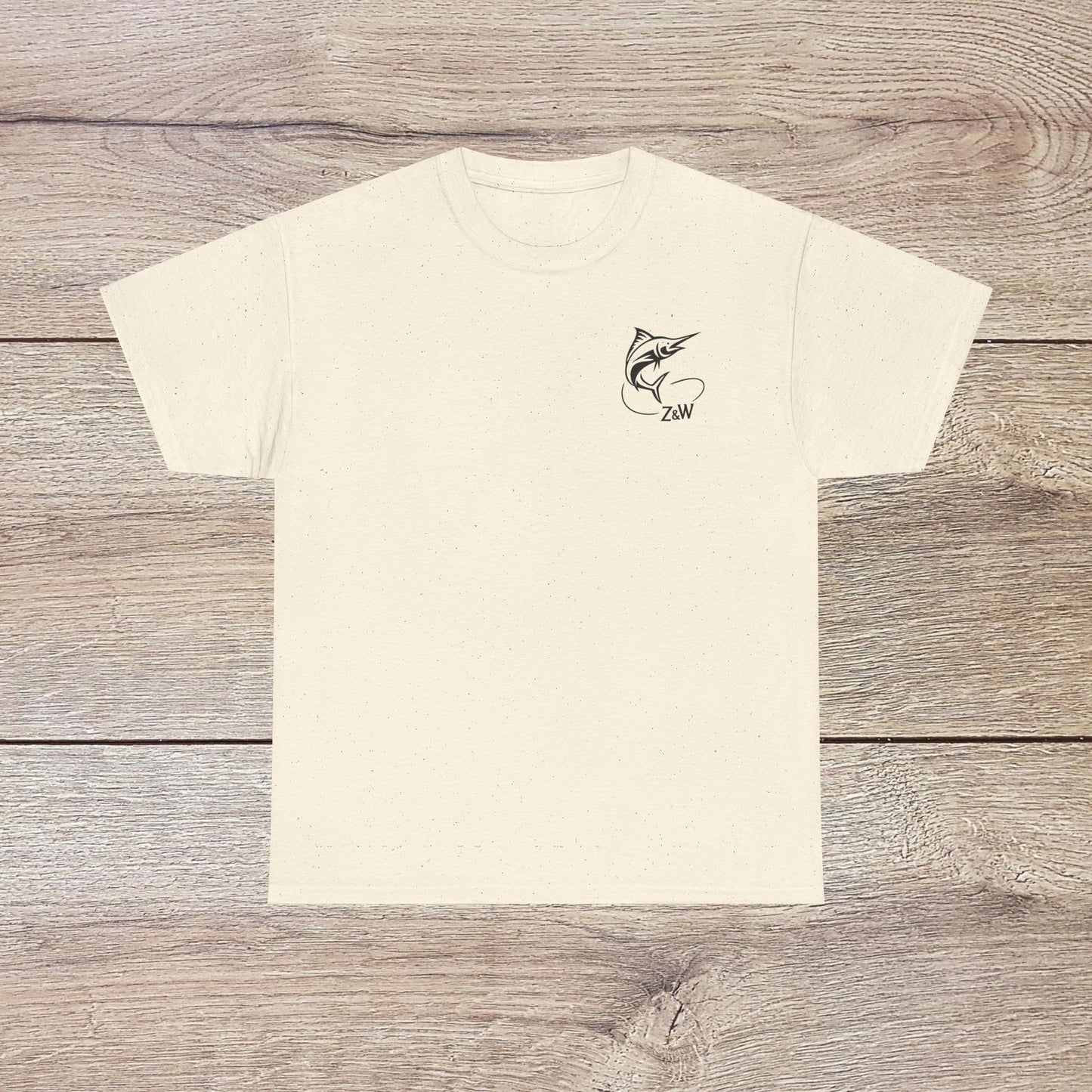 Fishing Adventure Tee - Unisex Heavy Cotton Shirt for Nature Lovers, in an off-white speckled texture featuring a marlin design, perfect for anyone who loves outdoor adventures.