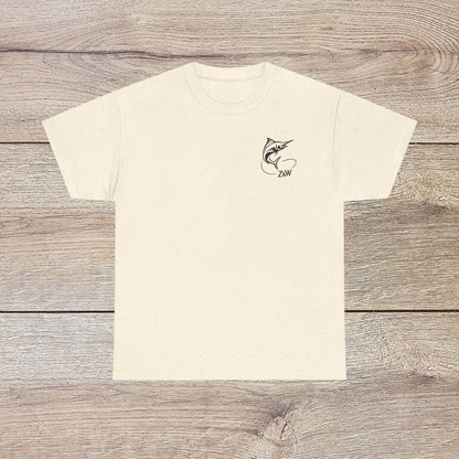 Fishing Adventure Tee - Unisex Heavy Cotton Shirt for Nature Lovers, in an off-white speckled texture featuring a marlin design, perfect for anyone who loves outdoor adventures.