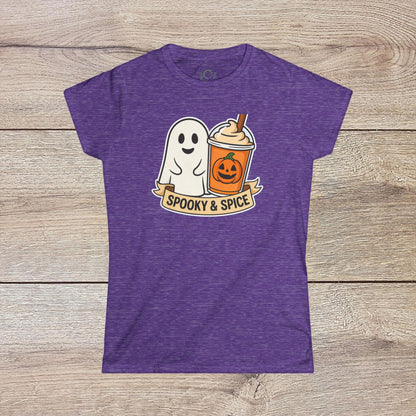 Spooky And Spice Ghost Graphic Tee in purple color featuring a cute ghost and pumpkin spice drink design, perfect for seasonal wear.