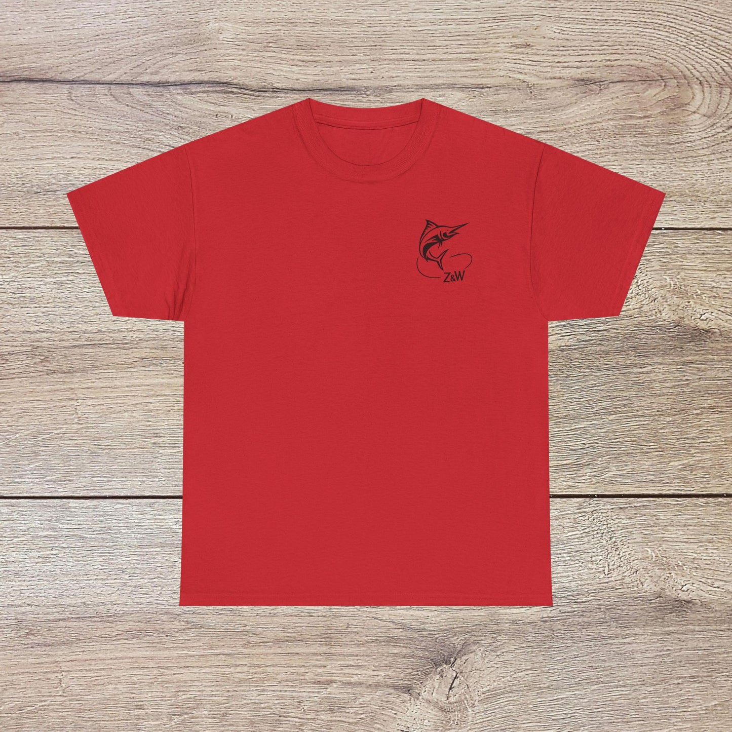 Fishing Adventure Tee in vibrant red, showcasing a cool fish design, perfect for those who embrace the outdoors and enjoy fishing adventures.