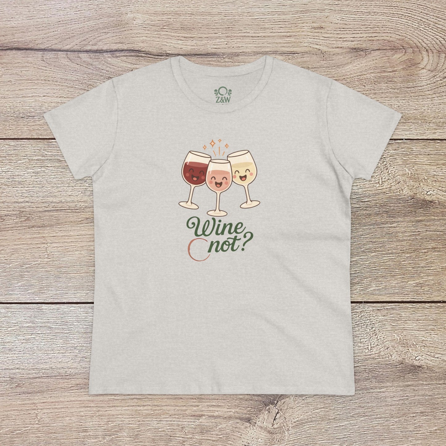 Wine Not Tee in light gray, displaying a playful graphic of smiling wine glasses, great for wine enthusiasts.