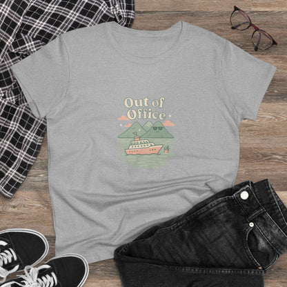 Out Of Office Cruise Tee styled with black jeans and sneakers on a wooden surface, showcasing a fun cruise ship graphic ideal for warm weather adventures, made of soft cotton blend material.