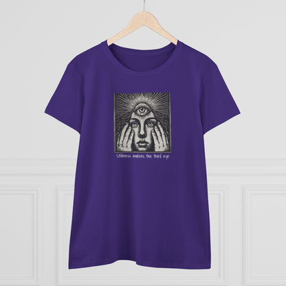 Stylish Third Eye Graphic Tee displayed on a wooden hanger in a bold purple color, featuring a prominent third eye graphic that evokes themes of insight and perspective.