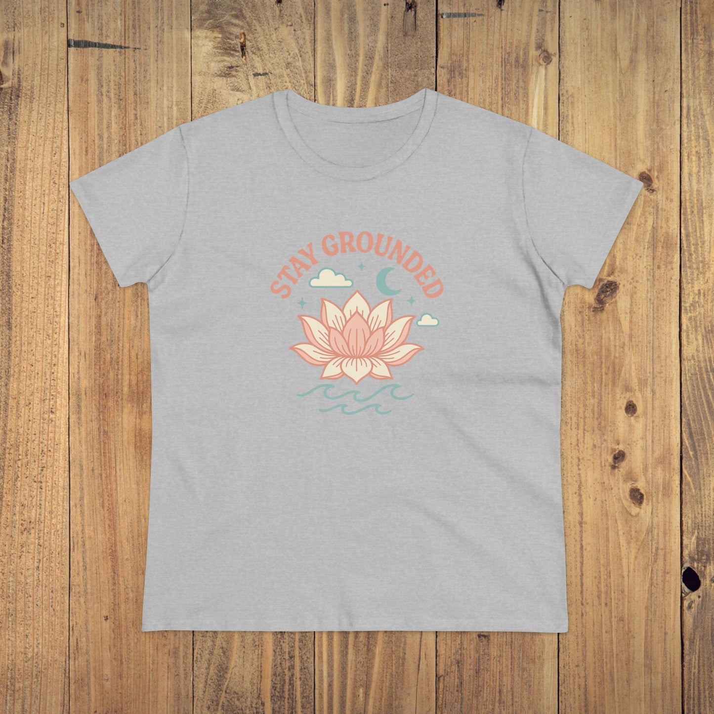Stay Grounded Spiritual Tee in gray featuring a beautiful lotus flower design, perfect for festivals, vacations, and casual outings.