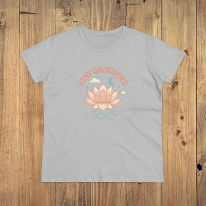 Stay Grounded Spiritual Tee in gray featuring a beautiful lotus flower design, perfect for festivals, vacations, and casual outings.