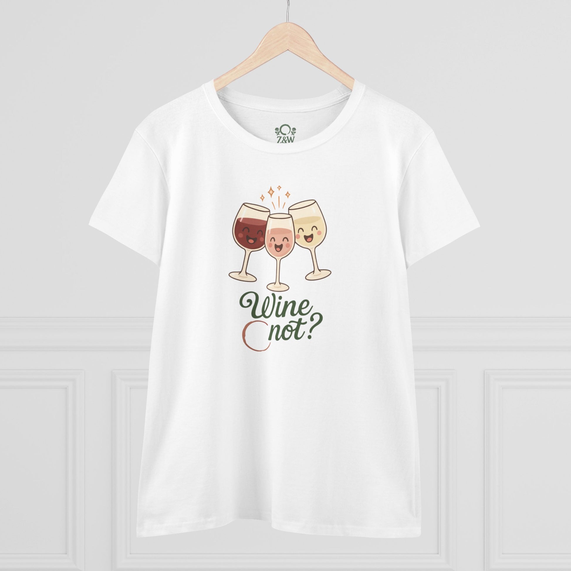 Wine Not Tee featuring cute cartoon glasses of wine on a white background, perfect for casual wear.