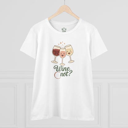 Wine Not Tee featuring cute cartoon glasses of wine on a white background, perfect for casual wear.