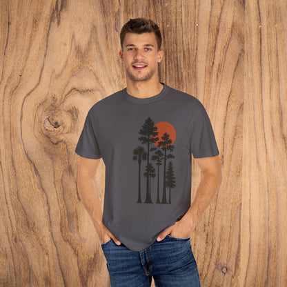 Model wearing dark Sunset Trees Unisex T-Shirt, featuring a stylish sunset design, ideal for comfortable everyday wear.