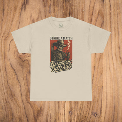 Bangtown Outlaws Retro Casual Party Shirt in beige color showcasing a vintage graphic of a skeleton smoking and the text 'Strike a Match' perfect for gatherings and casual outings.
