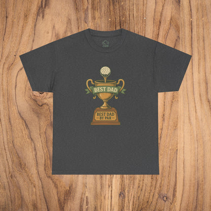 Best Dad Trophy T-Shirt in dark gray color, showcasing a charming golf trophy graphic with 'Best Dad by Par' text, crafted from soft cotton for lasting comfort.