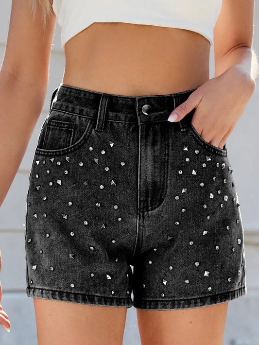Close-up view of the Rhinestone Washed High Waist Denim Shorts highlighting the intricate rhinestone detailing, perfect for adding sparkle to any casual outfit.