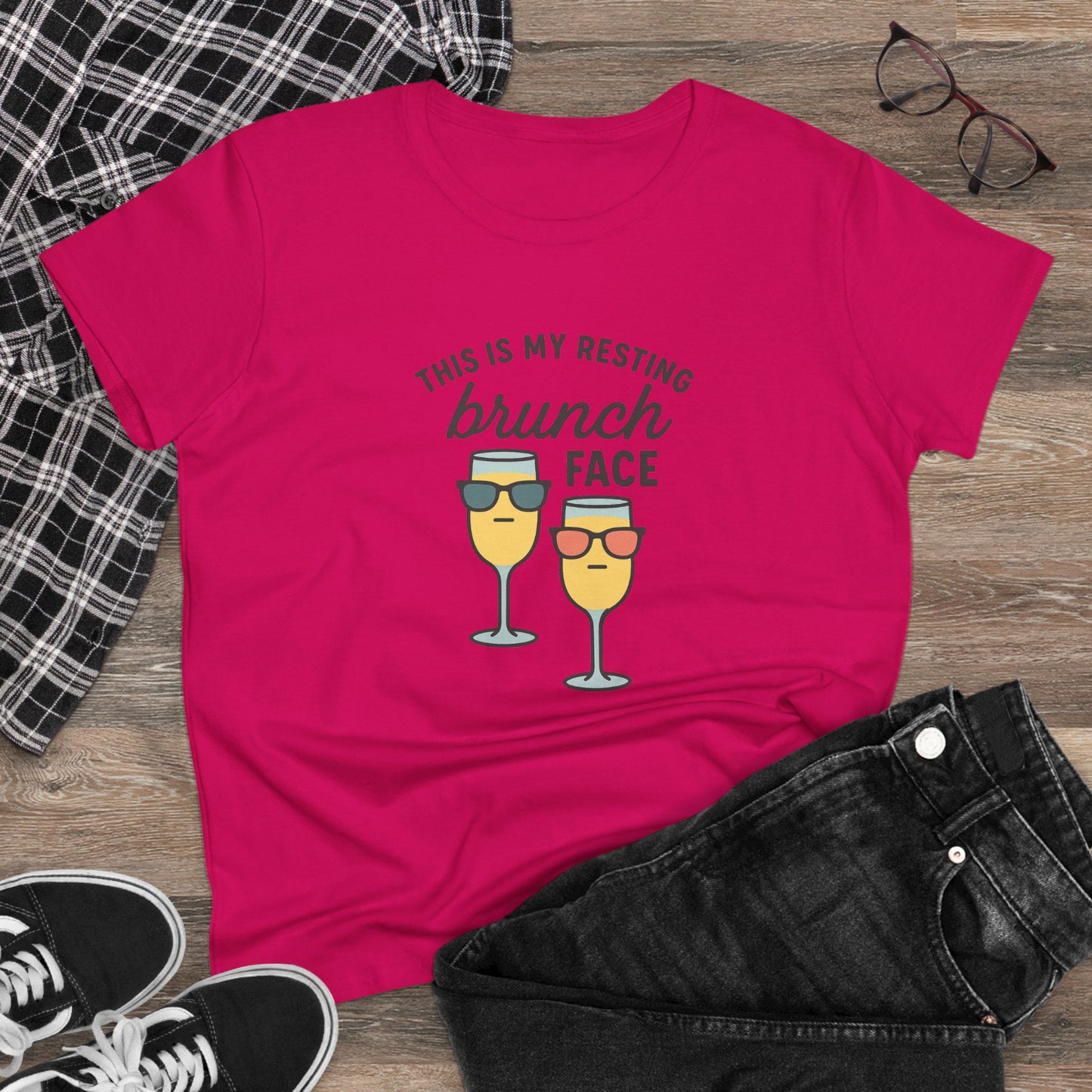 Close-up of Women's Premium 100% Cotton Brunch Face Tee in fuchsia, featuring the cheerful 'This is my resting brunch face' design, perfect for brunch outings.