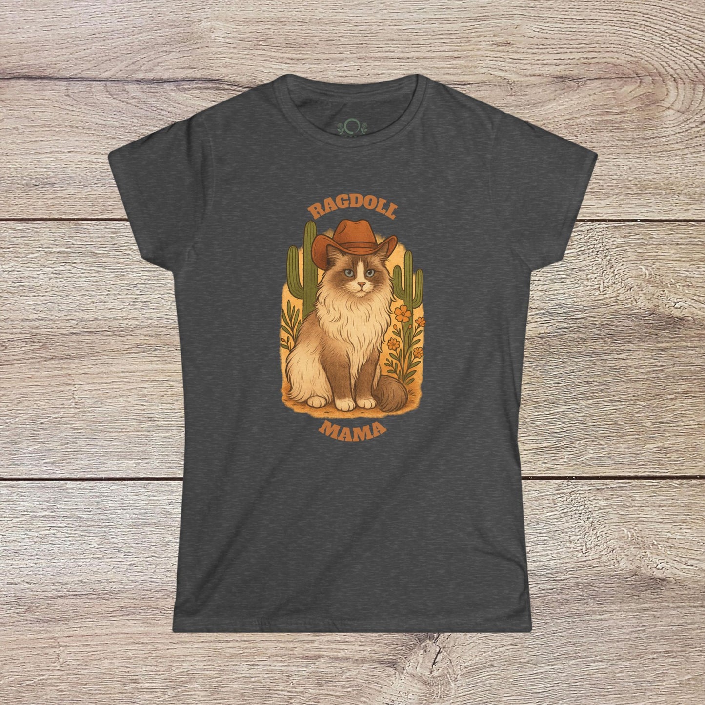 Ragdoll Mama T-Shirt in dark gray displaying an artistic depiction of a Ragdoll cat with a cowboy hat, a must-have for pet enthusiasts.