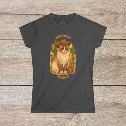 Ragdoll Mama T-Shirt in dark gray displaying an artistic depiction of a Ragdoll cat with a cowboy hat, a must-have for pet enthusiasts.