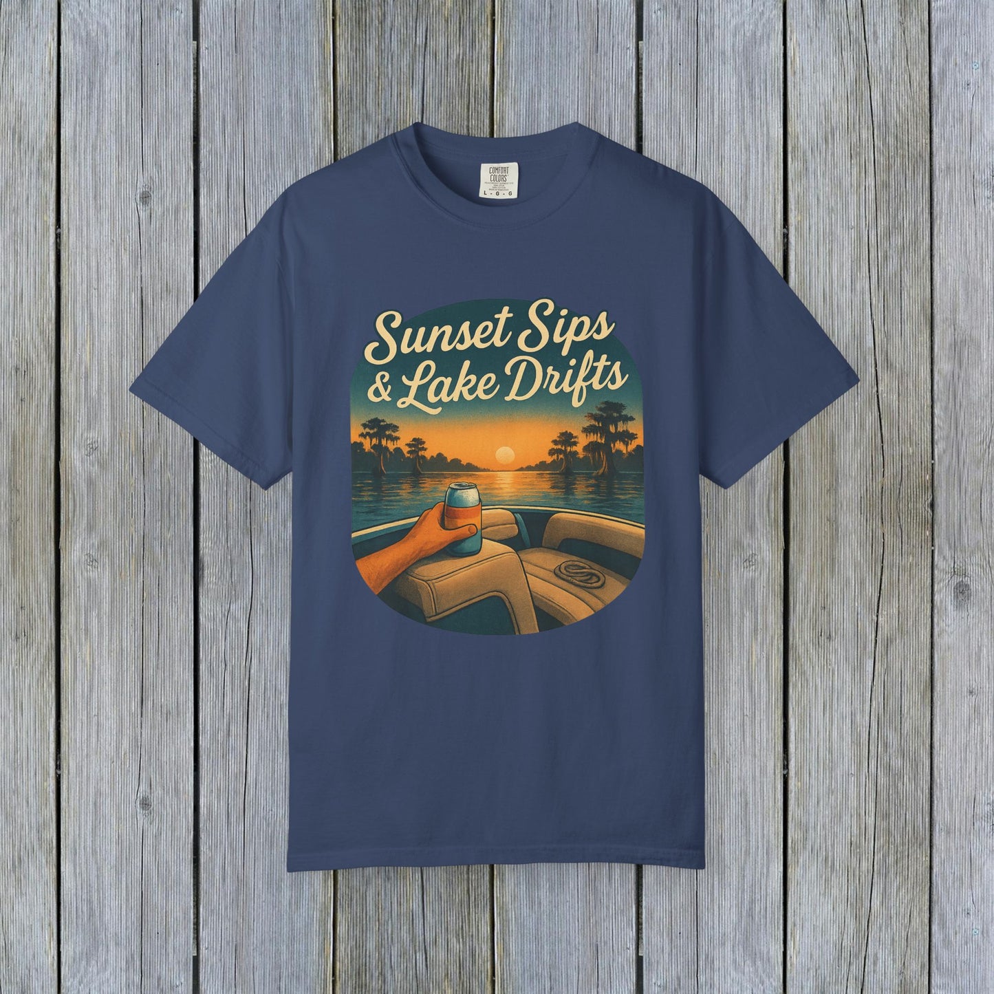 Lake Drifts T-Shirt in deep navy blue displaying a sunset-themed graphic, perfect for lake lovers and casual outings.