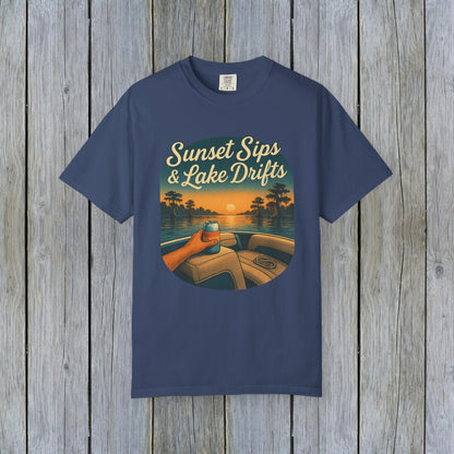 Lake Drifts T-Shirt in deep navy blue displaying a sunset-themed graphic, perfect for lake lovers and casual outings.