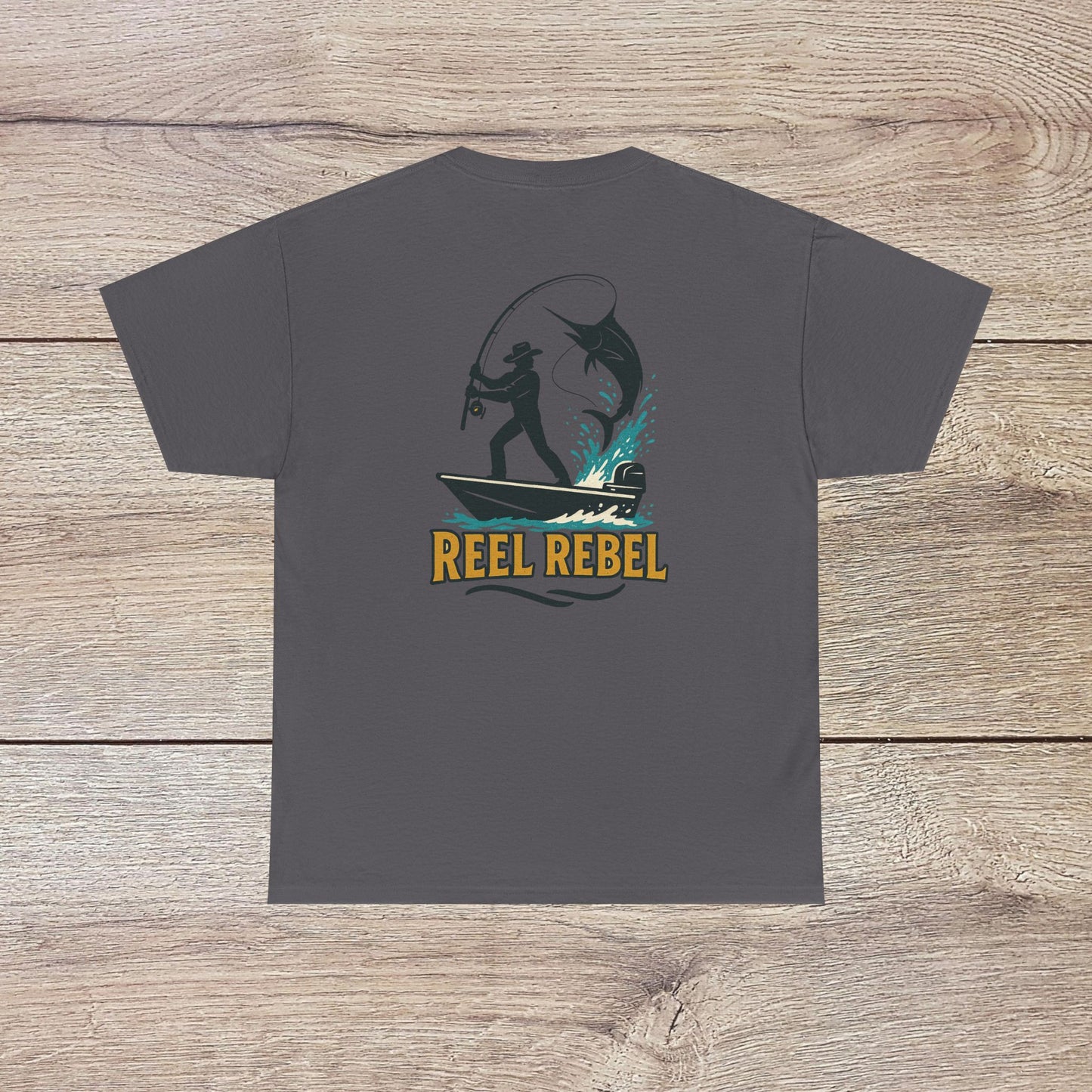Fishing Adventure Tee in slate gray color with a 'Reel Rebel' print, designed for fishing lovers. Comfortable heavy cotton shirt perfect for summer adventures.