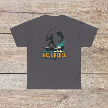 Fishing Adventure Tee in slate gray color with a 'Reel Rebel' print, designed for fishing lovers. Comfortable heavy cotton shirt perfect for summer adventures.