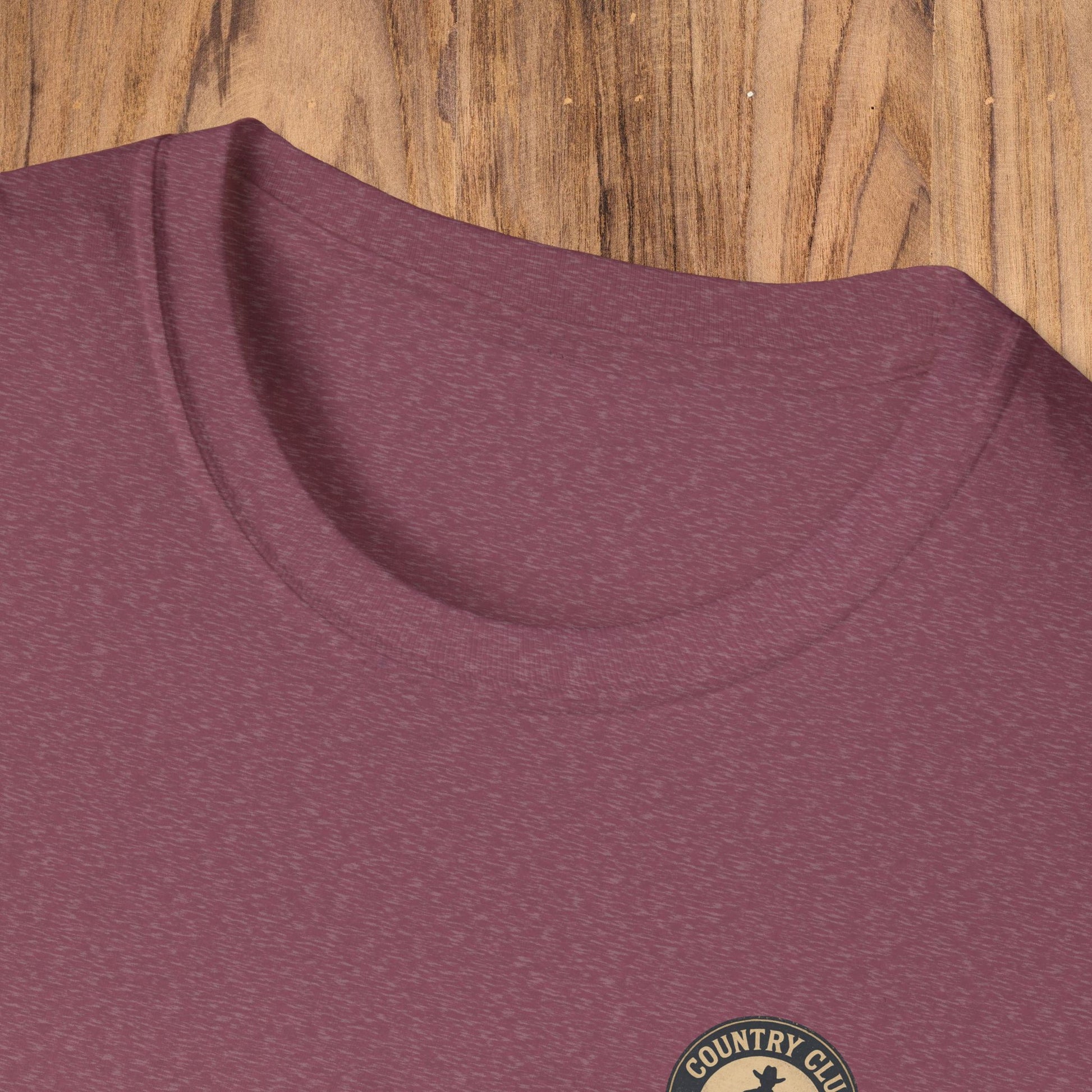 Close-up view of the Vintage Southern Gentleman Golf Shirt featuring a classic crew neckline and the Country Club logo, made from 100% cotton for ultimate comfort.