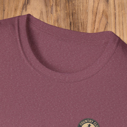 Close-up view of the Vintage Southern Gentleman Golf Shirt featuring a classic crew neckline and the Country Club logo, made from 100% cotton for ultimate comfort.