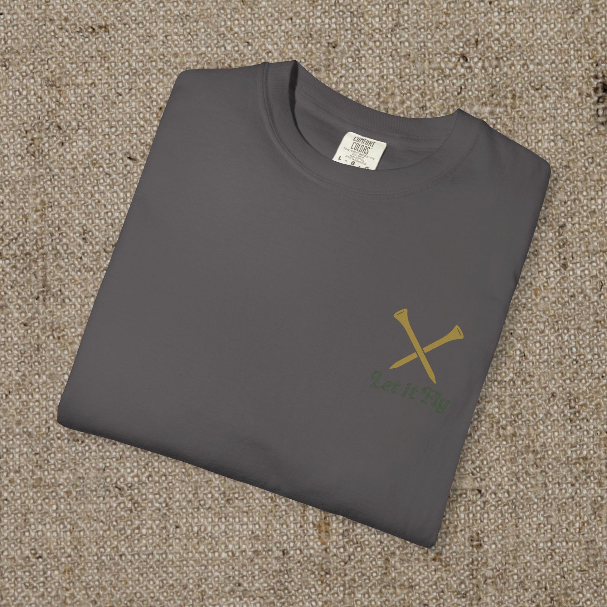 Folded Tee It High Let It Fly Graphic Tee in charcoal, highlighting a stylish logo; great for versatile casual outfits.