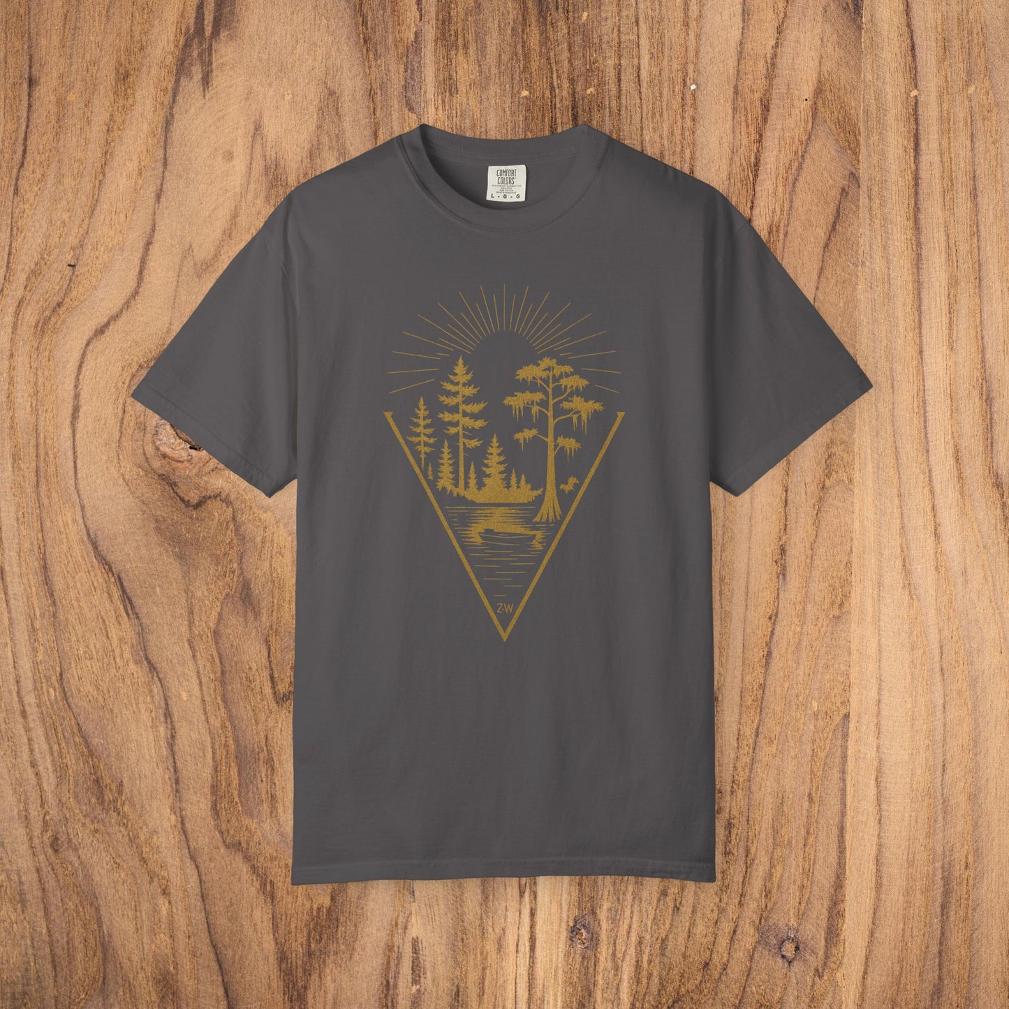Nature Outdoor Vibes Tee in dark gray, made from 100% US cotton, featuring a unique forest and sun graphic print, designed for comfort and durability, available in sizes S-4XL.