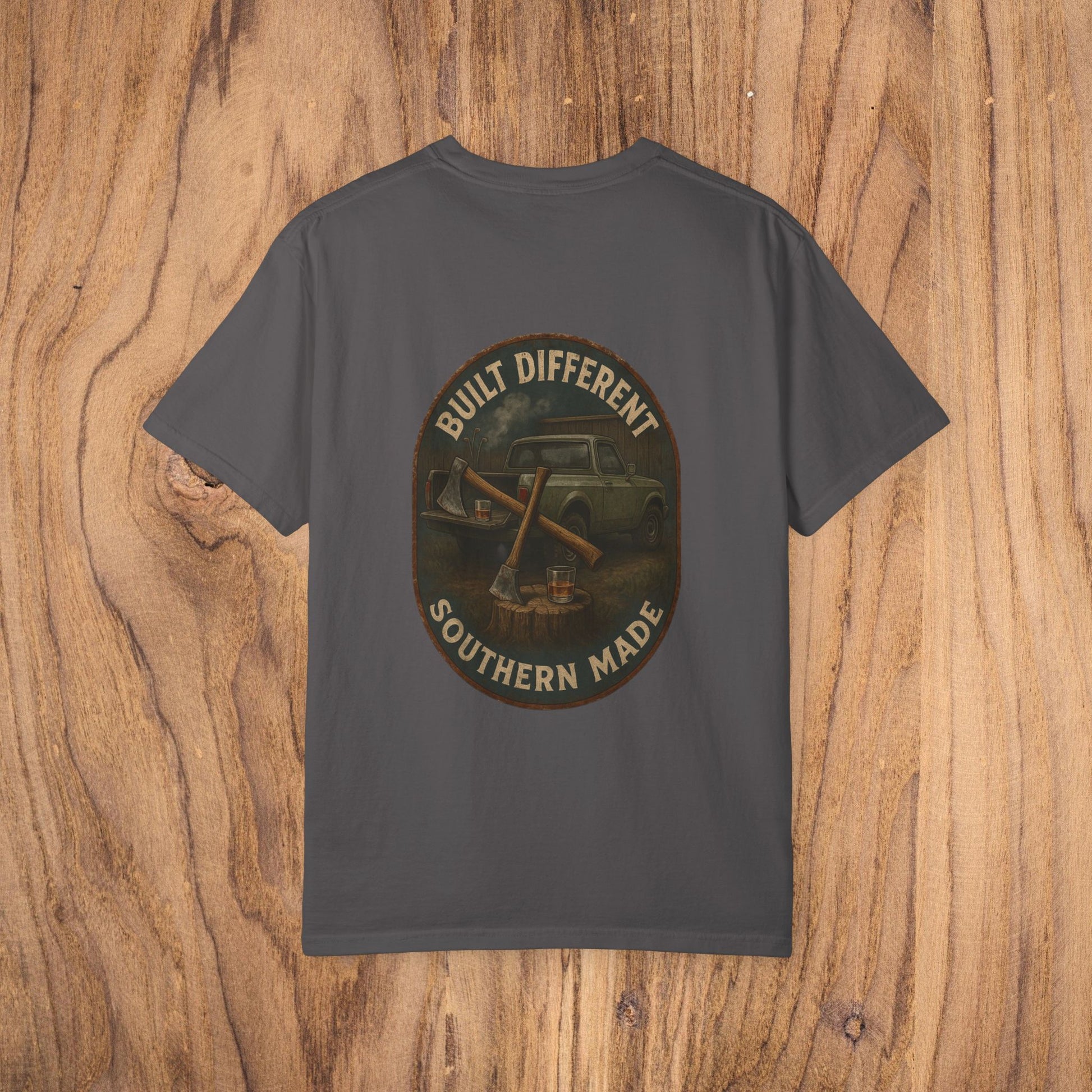 Back view of Premium Southern Made T-Shirt featuring a vintage car and the phrase 'Built Different Southern Made,' ideal for casual aesthetics.