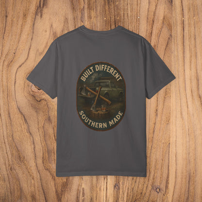 Back view of Premium Southern Made T-Shirt featuring a vintage car and the phrase 'Built Different Southern Made,' ideal for casual aesthetics.